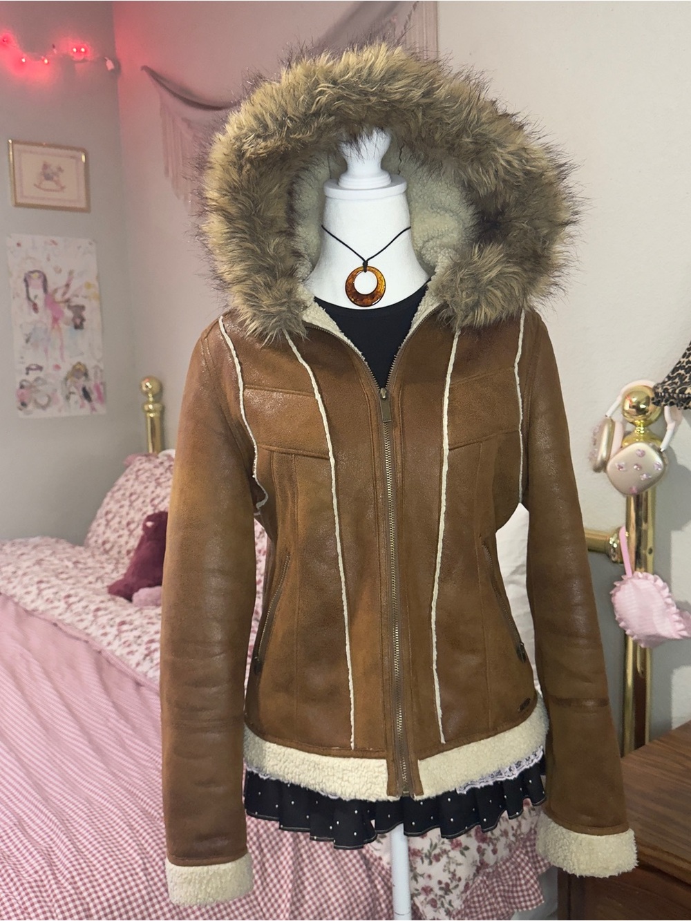 Y2K Women's Brown Faux-Shearling Hooded Jacket